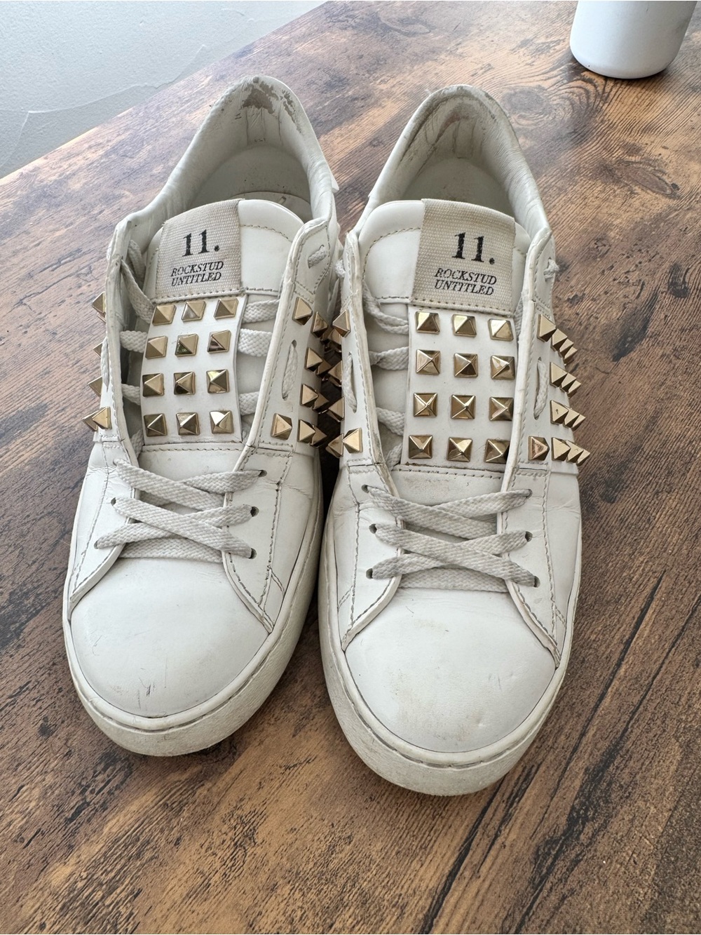 Valentino White Leather Rockstud Sneakers with Gold Studs